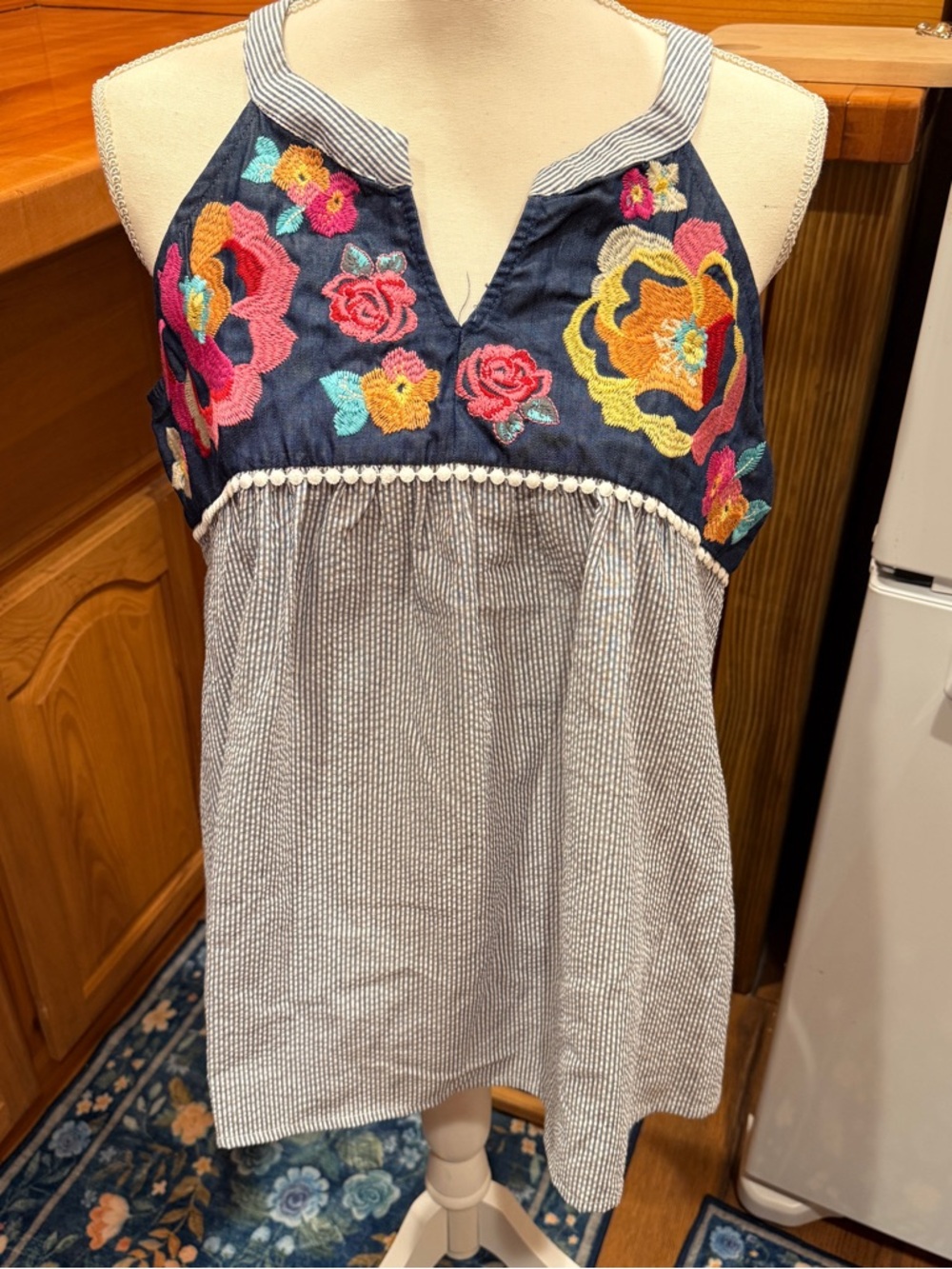 boutique purchase Floral Embroidered Navy -Seersucker Halter Tank‎ Top